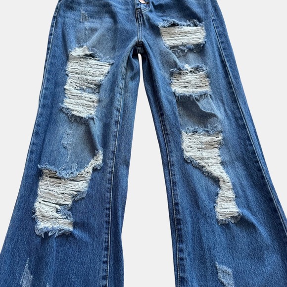 Vibrant M.I.U. High Rise Wide Leg Distressed Jeans Blue Juniors Sz 7 boho Grunge - Picture 9 of 16